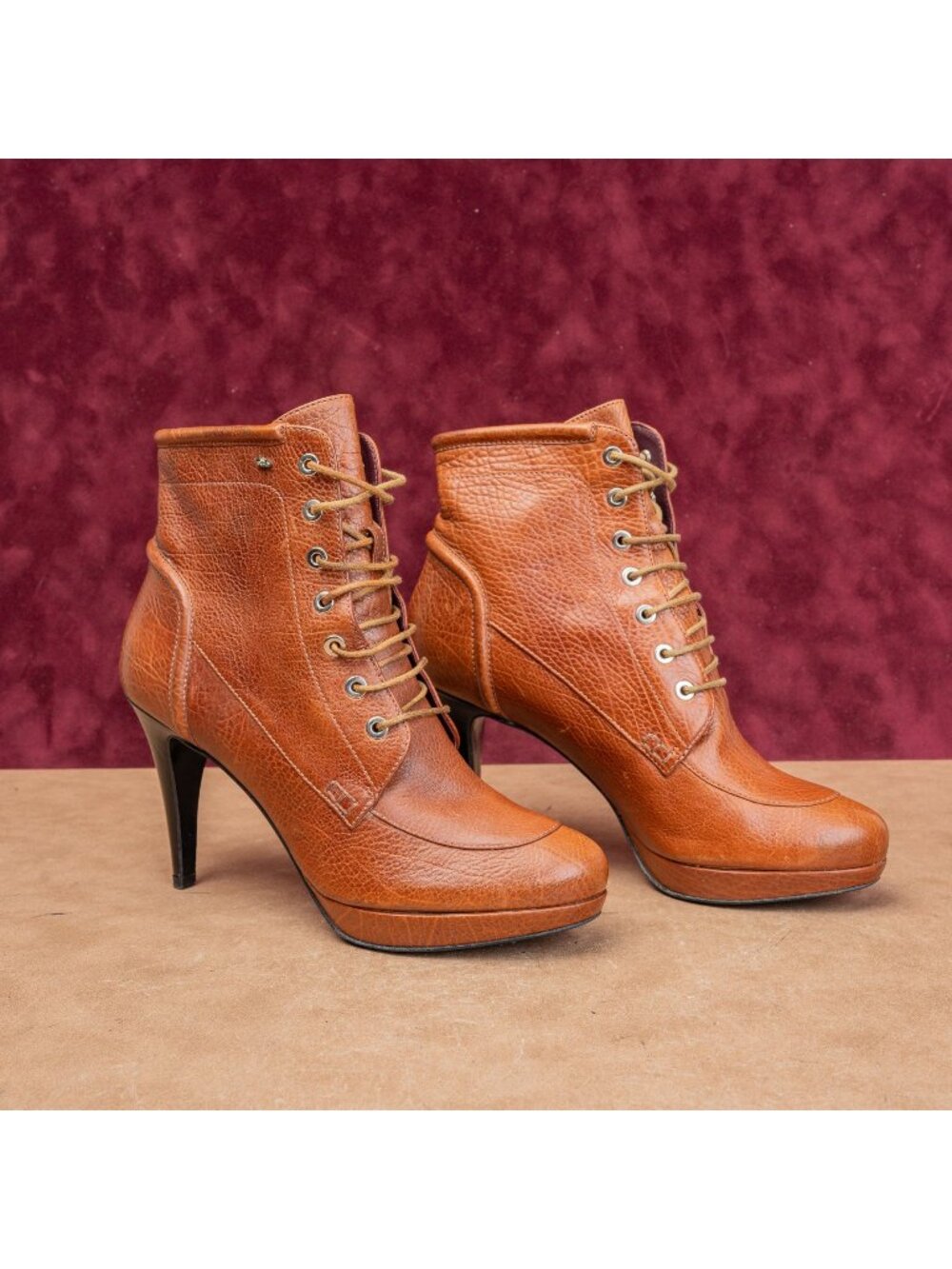 Sportmax Women Brown Grain Leather Lace-up Granny Heel Ankle Boots 8.5US EUR39